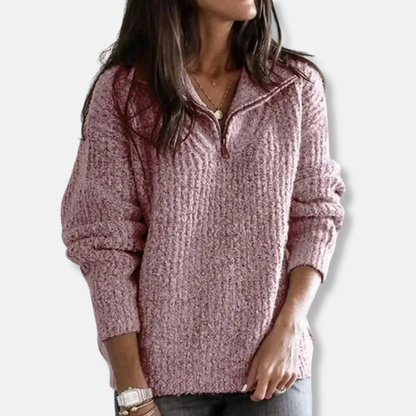 Women’s Half-Zip Sweatshirt – Relaxed Fit – Chunky Knit – Soft Wool Blend – Hip Length