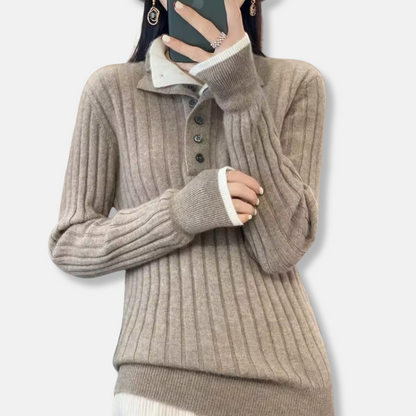 Women’s Pullover Sweatshirt – Ribbed Knit – Shirt Collar – Button Placket – Relaxed Fit