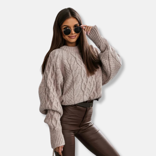 Aurora Oversized Pullover Sweater | Cable Knit Crewneck Balloon Sleeve Sweater
