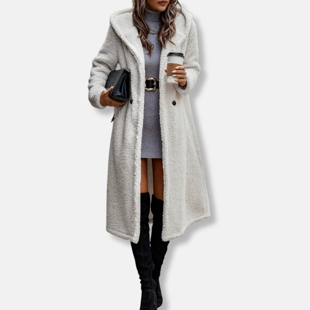 Women’s Long Coat – Plush Textured Fabric – Relaxed Fit – Hooded – Button Front