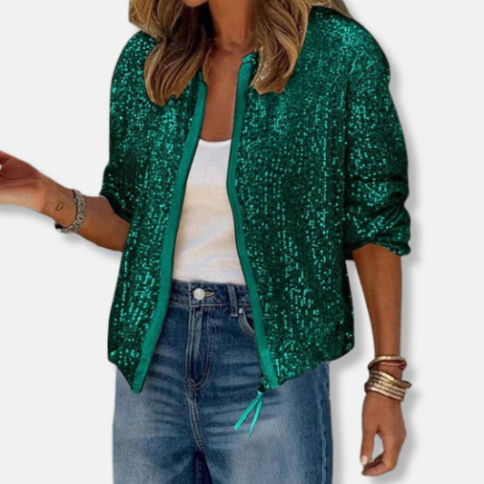 Isla Sequin Bomber Jacket | Relaxed Fit Hip-Length Bomber Jacket