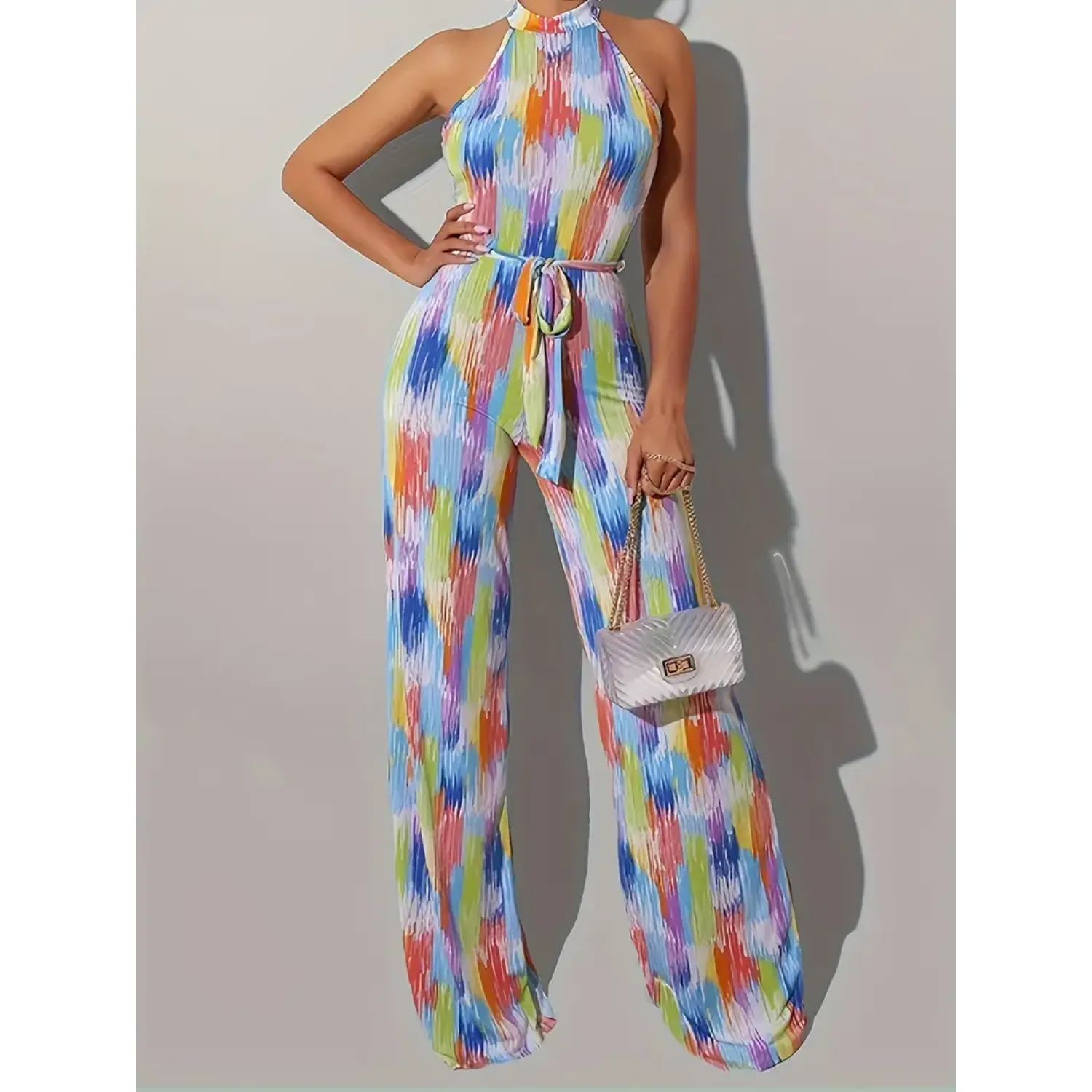 Geometric Print Wide-Leg Halter Neck Jumpsuit