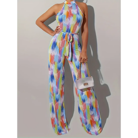 Geometric Print Wide-Leg Halter Neck Jumpsuit