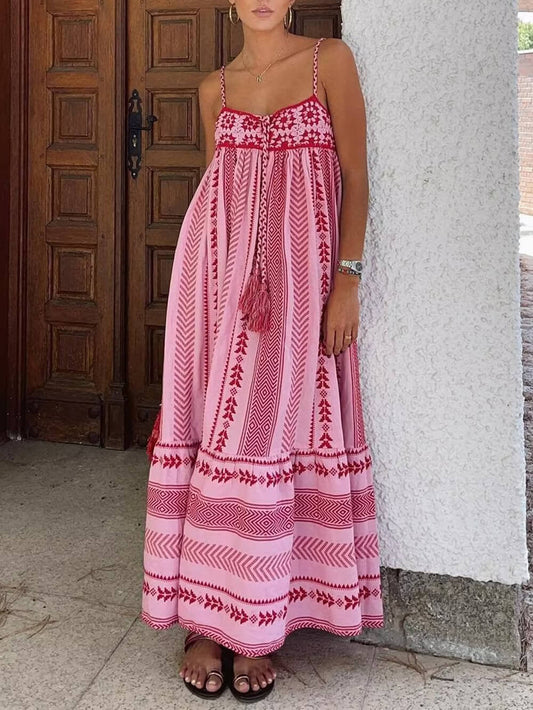 Embroidered Flowy Spaghetti Strap Maxi Dress