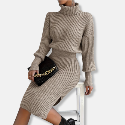 Women’s Knit Turtleneck Midi Dress – Ribbed Wool Blend – Blouson Top – Side Slit