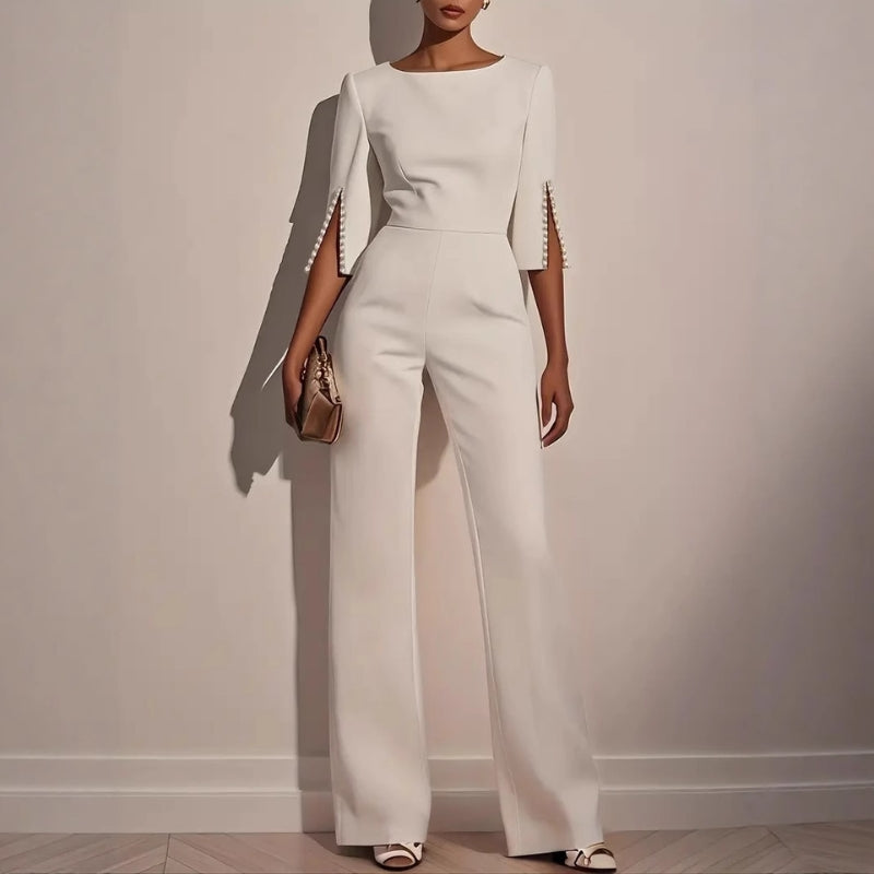Isla Fitted Jumpsuit | Pearl Embellishments Three-Quarter Sleeve Jumpsuit