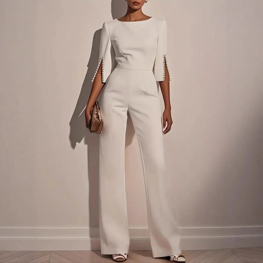 Isla Fitted Jumpsuit | Pearl Embellishments Three-Quarter Sleeve Jumpsuit