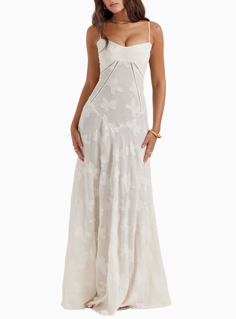 Women's Maxi Dress - Spaghetti Straps - Empire Waist - Floral Textured Elegant Fit