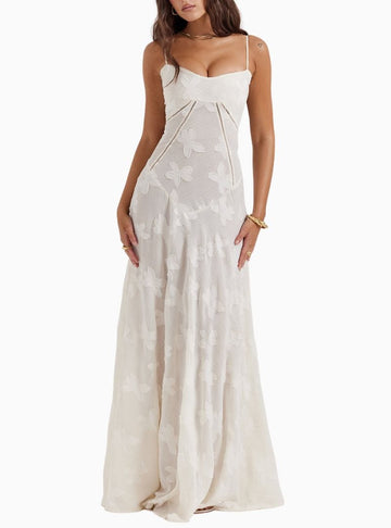 Women's Maxi Dress - Spaghetti Straps - Empire Waist - Floral Textured Elegant Fit