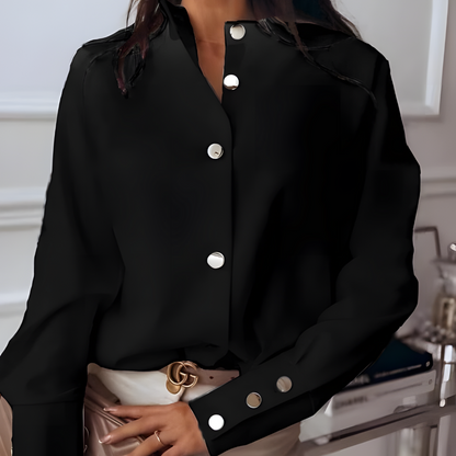 Women's button-down metal buckle notched long-sleeve shirt