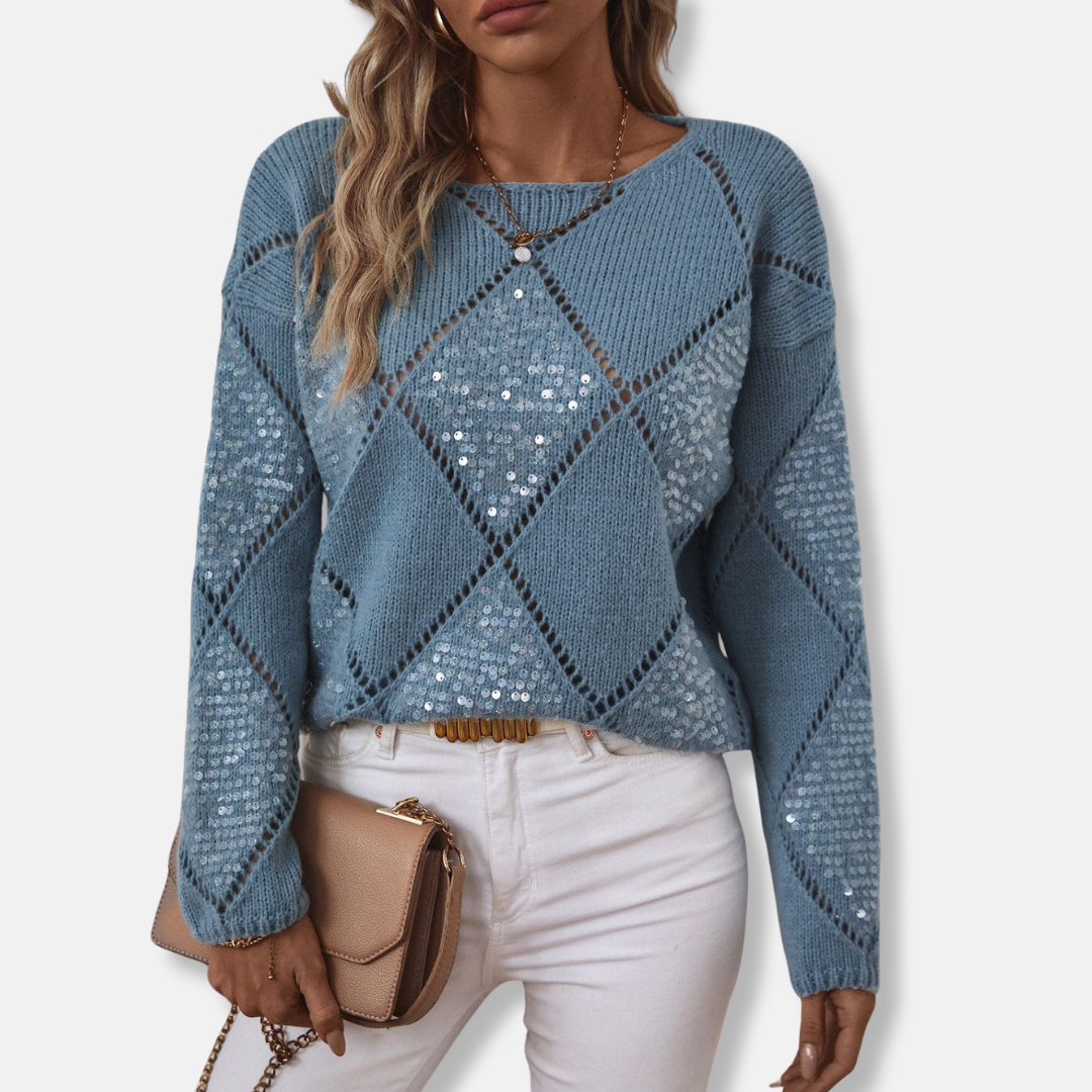 Sequin Diamond Openwork Wool Blend Sweatshirt 