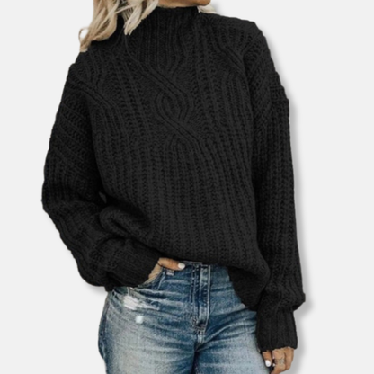 Women’s Pullover Sweater – Wool Cable Knit – High Neck – Relaxed Fit – Long Sleeve