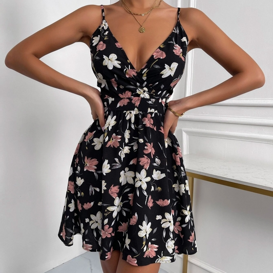 Floral Print Fitted Waist Mini Dress