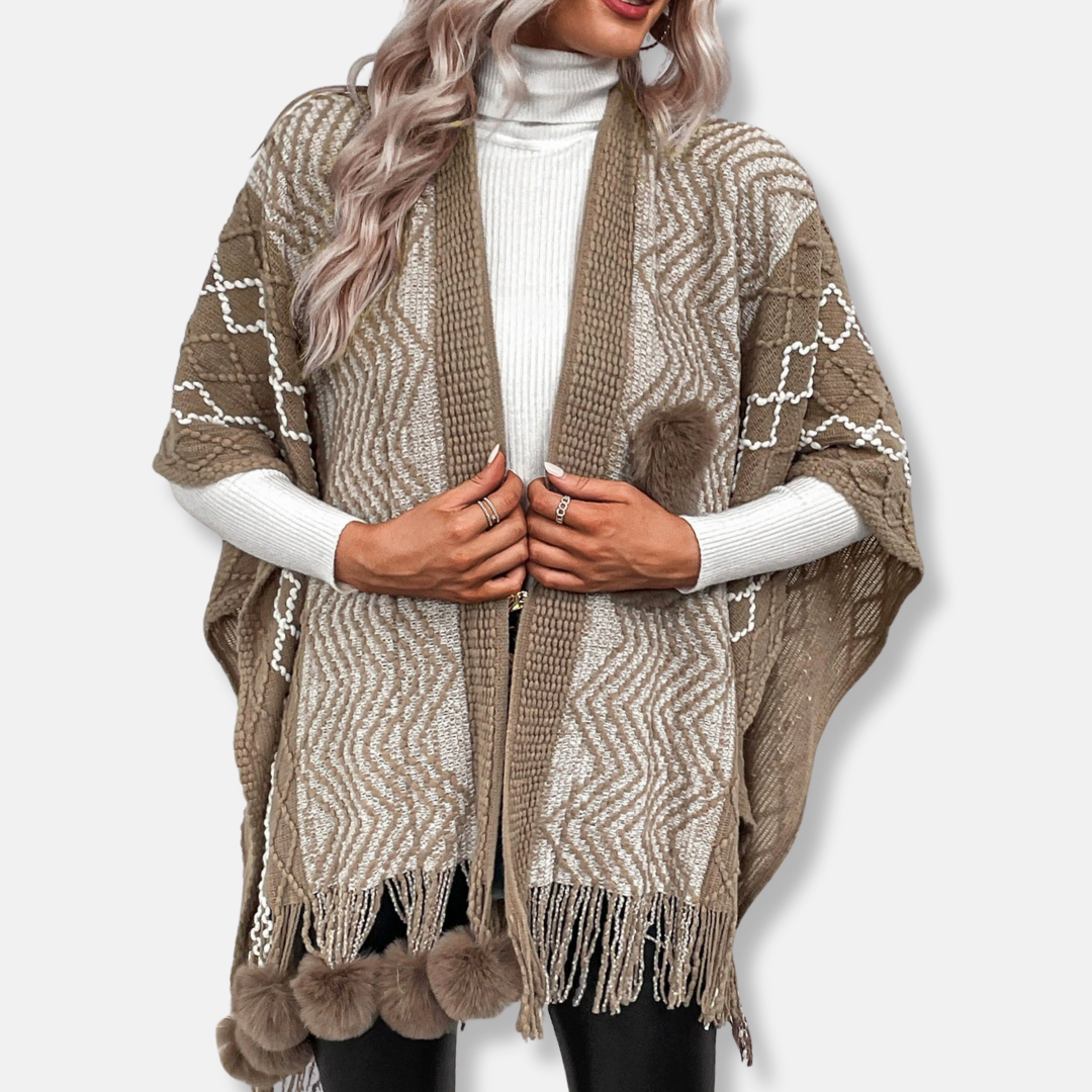 Sienna Oversized Cape Cardigan | Fringe Hem Pom-Pom Detail Cardigan