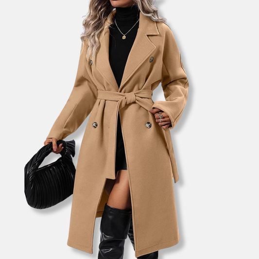 Isabella Wool Double-Breasted Trench Coat | Belted Collared Trench Coat