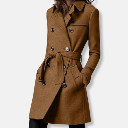 Women’s Coat – Slim Fit – Double-Breasted – Belted Waist – Mid-Thigh