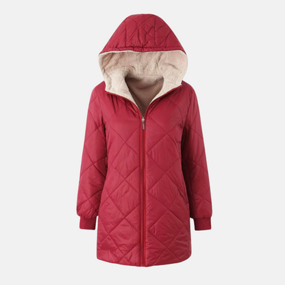 Women’s Quilted Hooded Coat – Reversible – Mid Length – Plush Lined – Ribbed Cuffs
