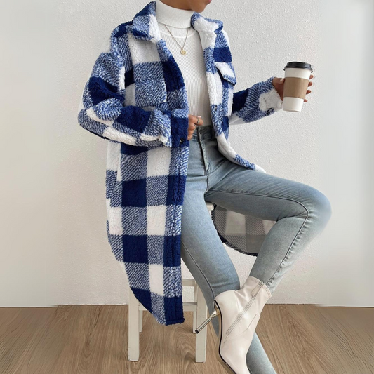 Plush Plaid Open Lapel Midi Jacket