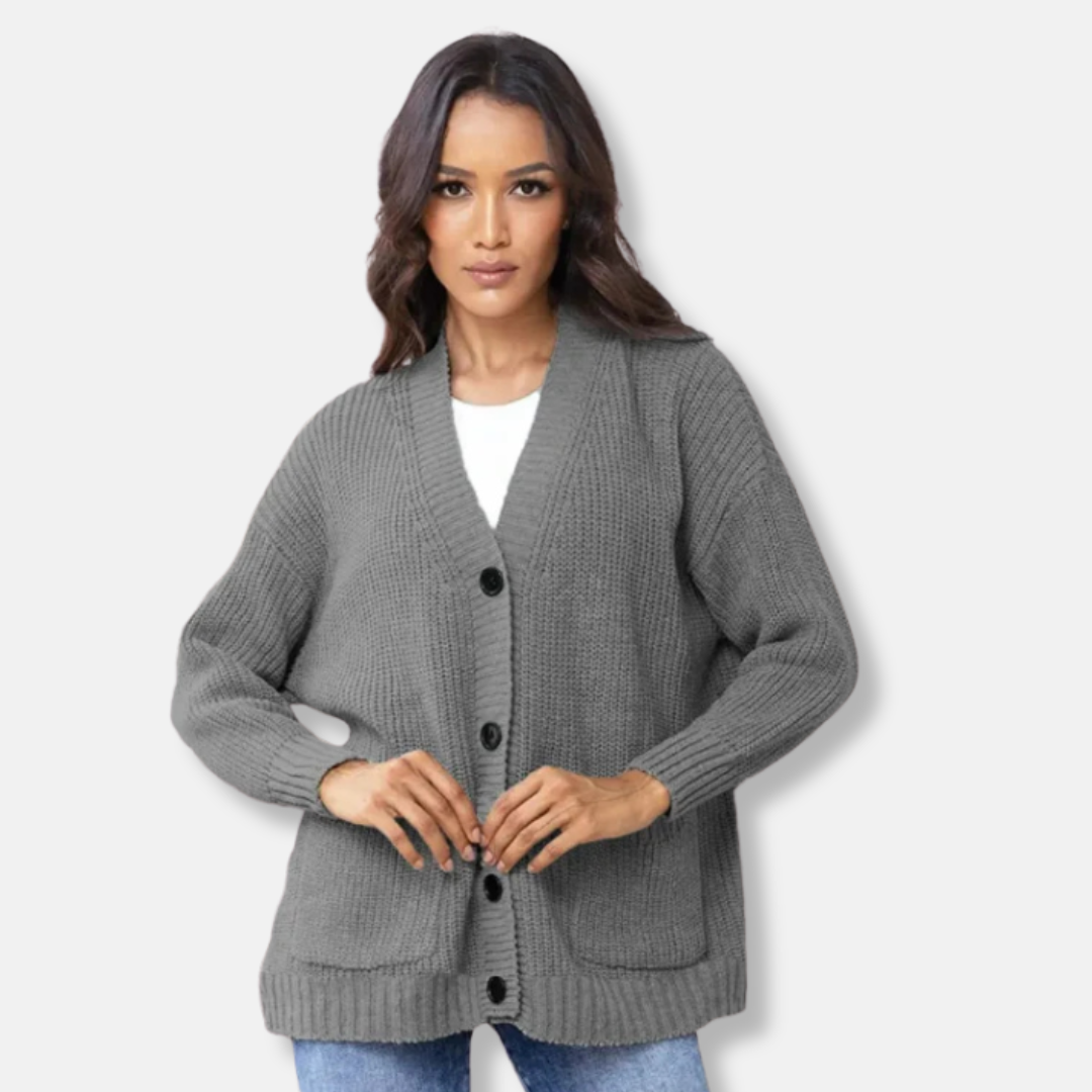 Amelia Wool Oversized Cardigan | V-Neck Button Front Pockets Cardigan