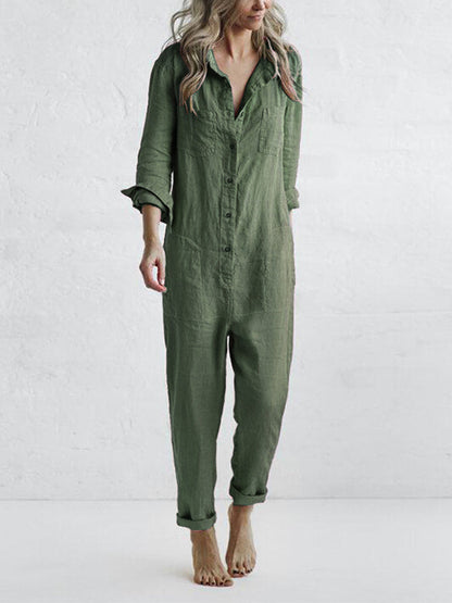 Women's Linen Jumpsuit - Button Down - Relaxed Fit - Long Sleeve - Breathable Fabric