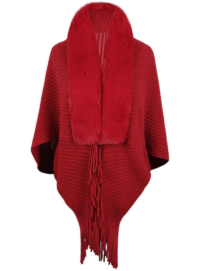 Women's knitted cape coat with fur collar