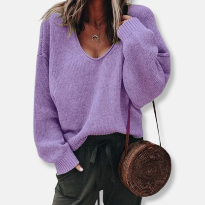 Women’s Sweater – Wool Knit – Relaxed Fit – Deep V-Neck – Long Sleeve Casual Style