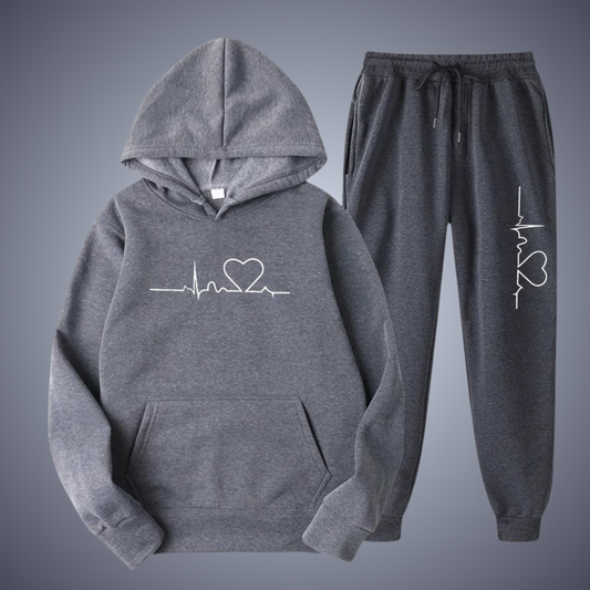 Heart Print Drawstring Hoodie and Sweatpants Set