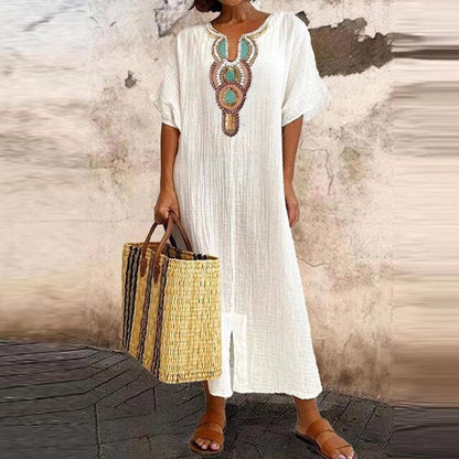 Women's Kaftan Dress - Lightweight Flowy Fabric - Beaded V-Neck - Short Sleeve