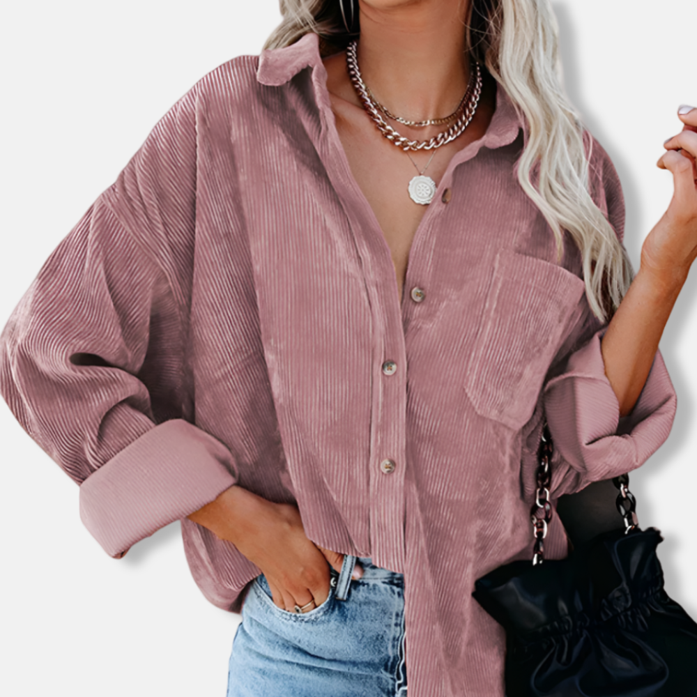 Women’s Corduroy Shirt – Oversized Fit – Button-Up Front – Hip-Length Casual Style