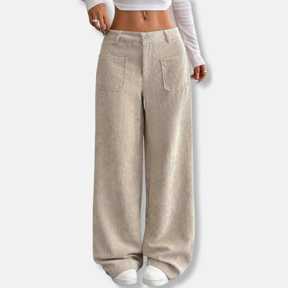 Women’s Pants - Corduroy - High Waist - Wide Leg - Front Patch Pockets