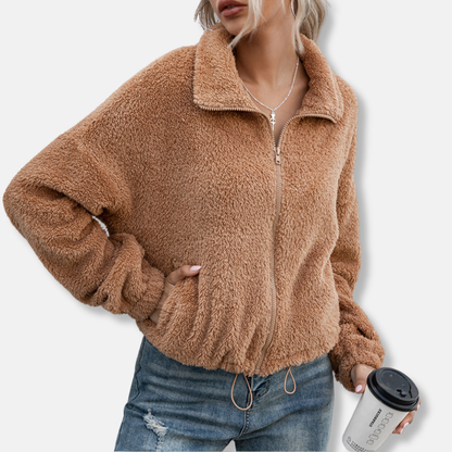 Sienna Fleece Cropped Relaxed Fit Jacket | Collared Long Sleeve Jacket