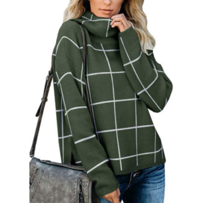Women's fashion spliced high neck check sweater