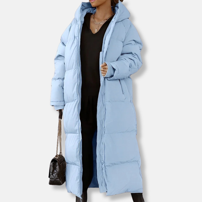 Women’s Long Coat – Oversized Fit – Quilted Padded Hooded Full-Length Outerwear