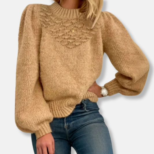 Ivy Relaxed Fit Pullover Sweater | Ribbed Crewneck Lantern Sleeve Sweater