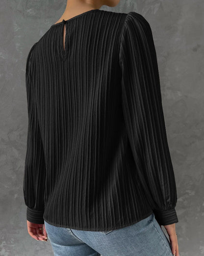 Women's Blouse - Pleated Texture - Balloon Sleeve - Crew Neck Elegant Fit