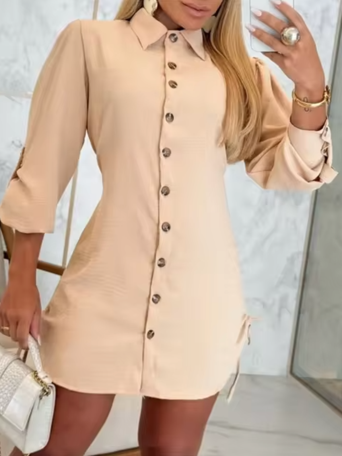 Women's Shirt Dress - Button-Down Collared - Three-Quarter Sleeve - Mini Length Tailored Fit