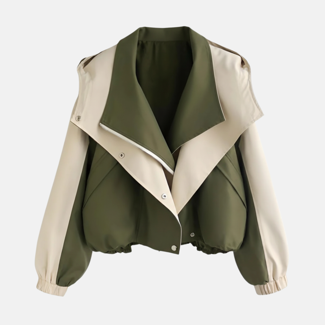 Women’s Short Jacket – Oversized Relaxed Fit – Two-Tone – Blouson Hem – Wide Lapel