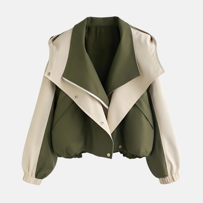 Women’s Short Jacket – Oversized Relaxed Fit – Two-Tone – Blouson Hem – Wide Lapel