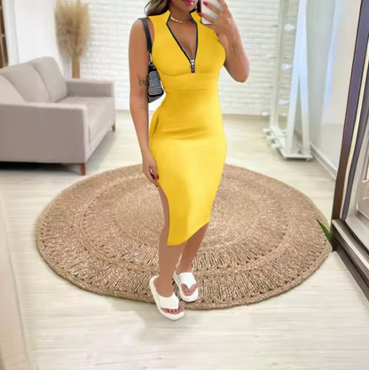 Women’s Bodycon Dress - Sleeveless V-Neck - Front Zipper - Form-Fitting Pencil Cut