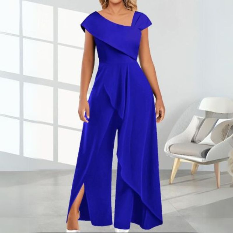 Women's Jumpsuit - One Shoulder Draped Design - Wide Leg with Slit - Elegant Formal Wear