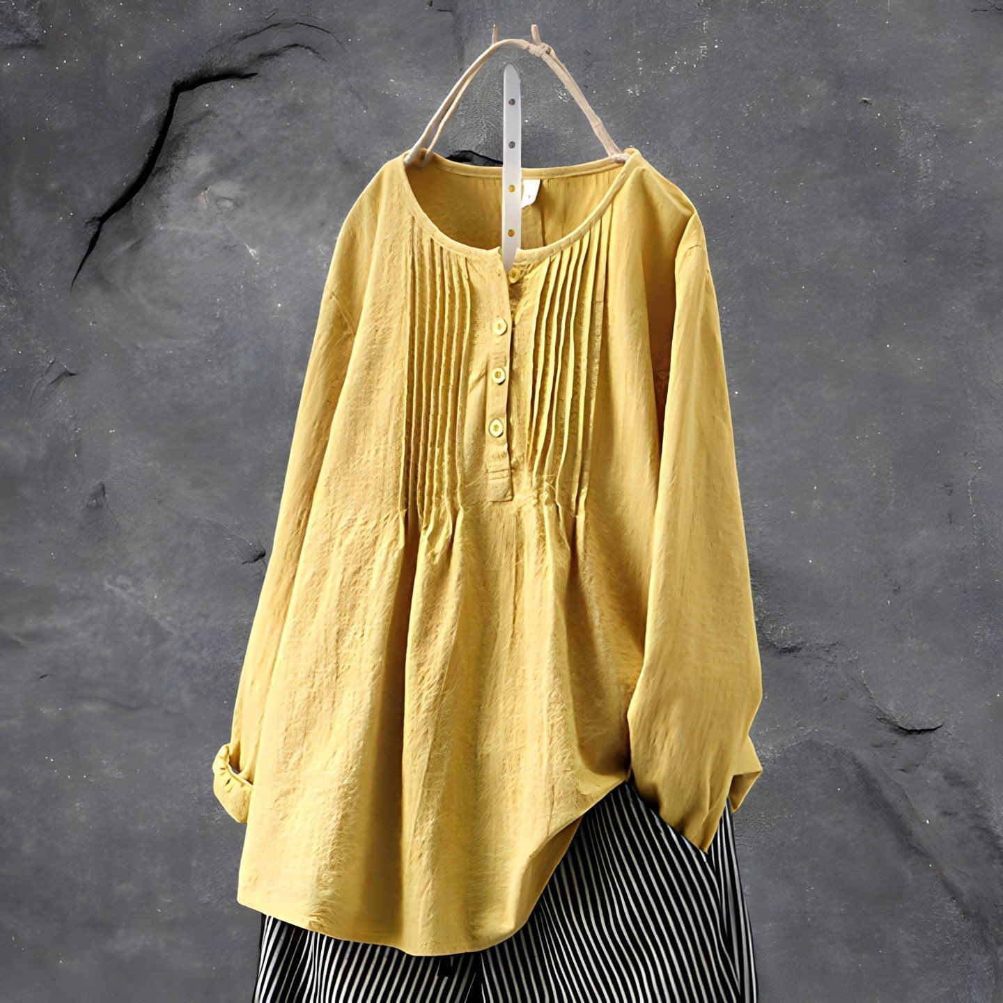 Women's Blouse - Loose Fit - Crew Neck - Button Front - Long Sleeve Pleated Design