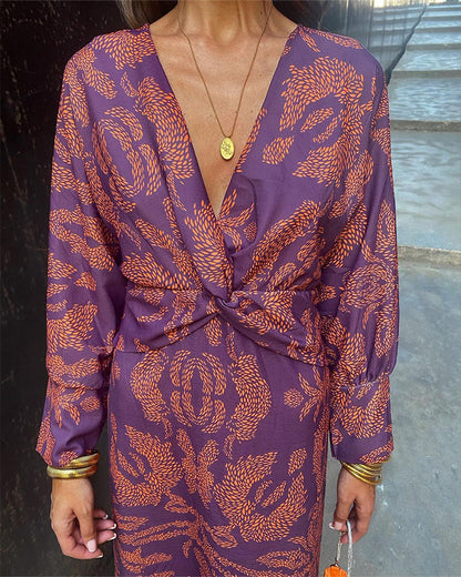 Women's Wrap Dress - Knee-Length - Long Sleeve - V-Neck Elegant Floral Print