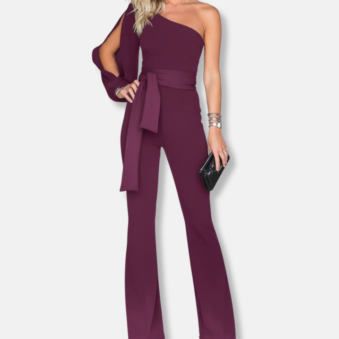 Women’s Elegant Overall - One Shoulder - Slim Fit - Belted Waist - Flared Leg