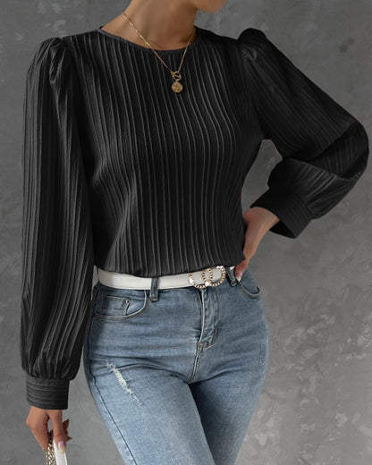 Women's Blouse - Pleated Texture - Balloon Sleeve - Crew Neck Elegant Fit