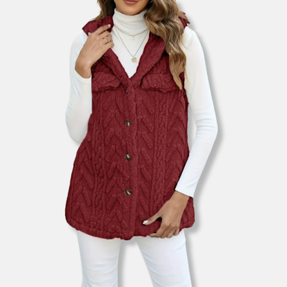 Women’s Hooded Vest – Fuzzy Knit – Relaxed Fit – Button Front – Casual Layering