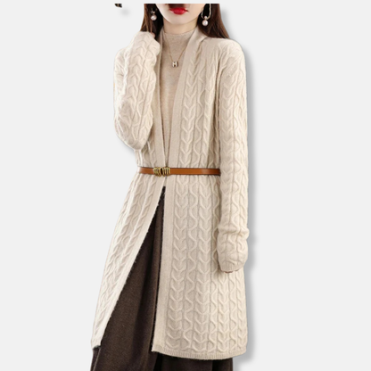 Women’s Long Cardigan – Cable Knit – Relaxed Fit – Ribbed Cuffs – Belted Waist