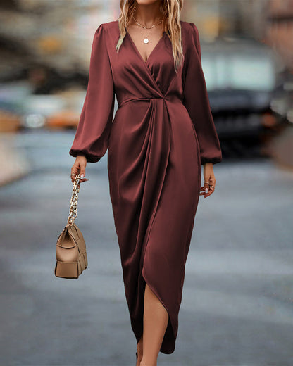 Women's Wrap Dress - Deep V-Neck - Long Puff Sleeves - Ruched Waist - Asymmetrical Hem