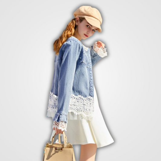 Beaded Lace Stitching Denim Jacket