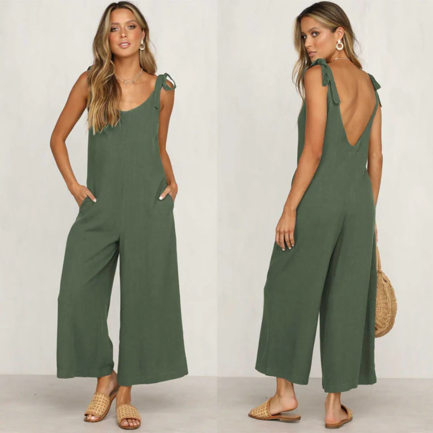 Sleeveless Wide-Leg Shoulder Tie Jumpsuit
