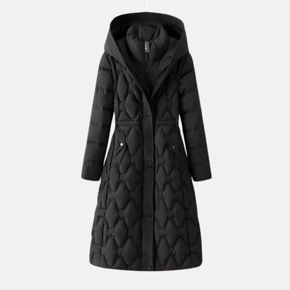Women’s Long Quilted Jacket – Fitted Waist – Padded Insulation – Hooded – Snap Closure